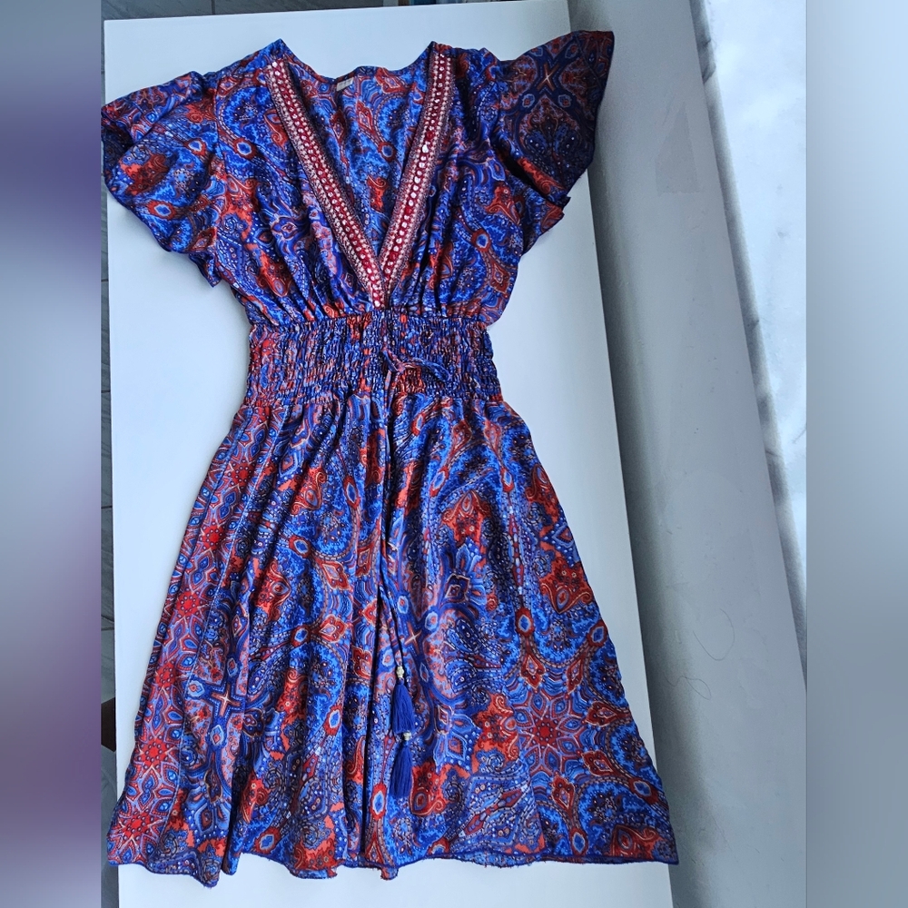 Art Silk Made In India Purple & Red Jeweled Smoked Boho Flutter Sleeve Dress - Picture 7 of 14